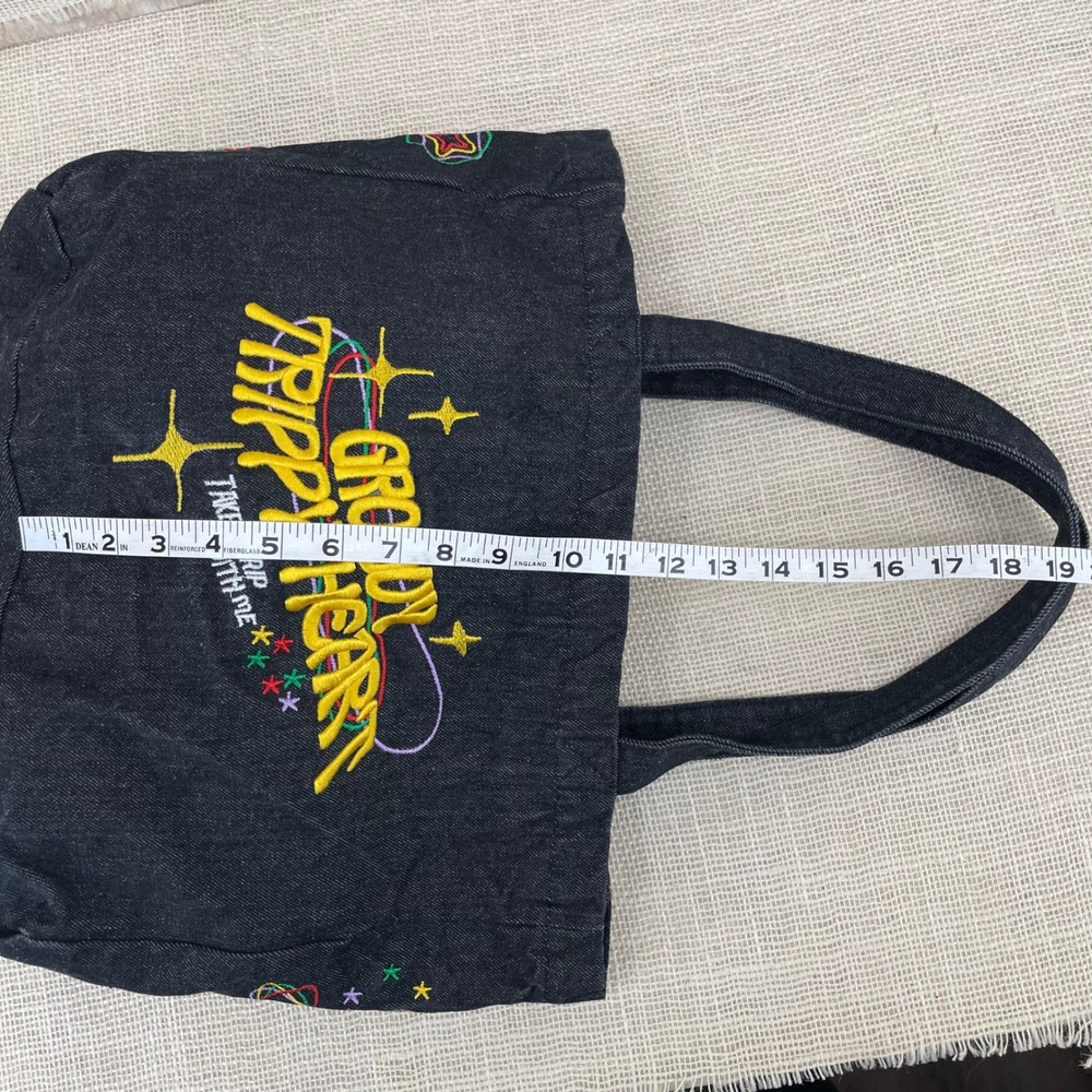 Groovy Trippy Heart Black Denim Embroidered‎ Tote Bag Take A Trip With Me Retro - Picture 7 of 10